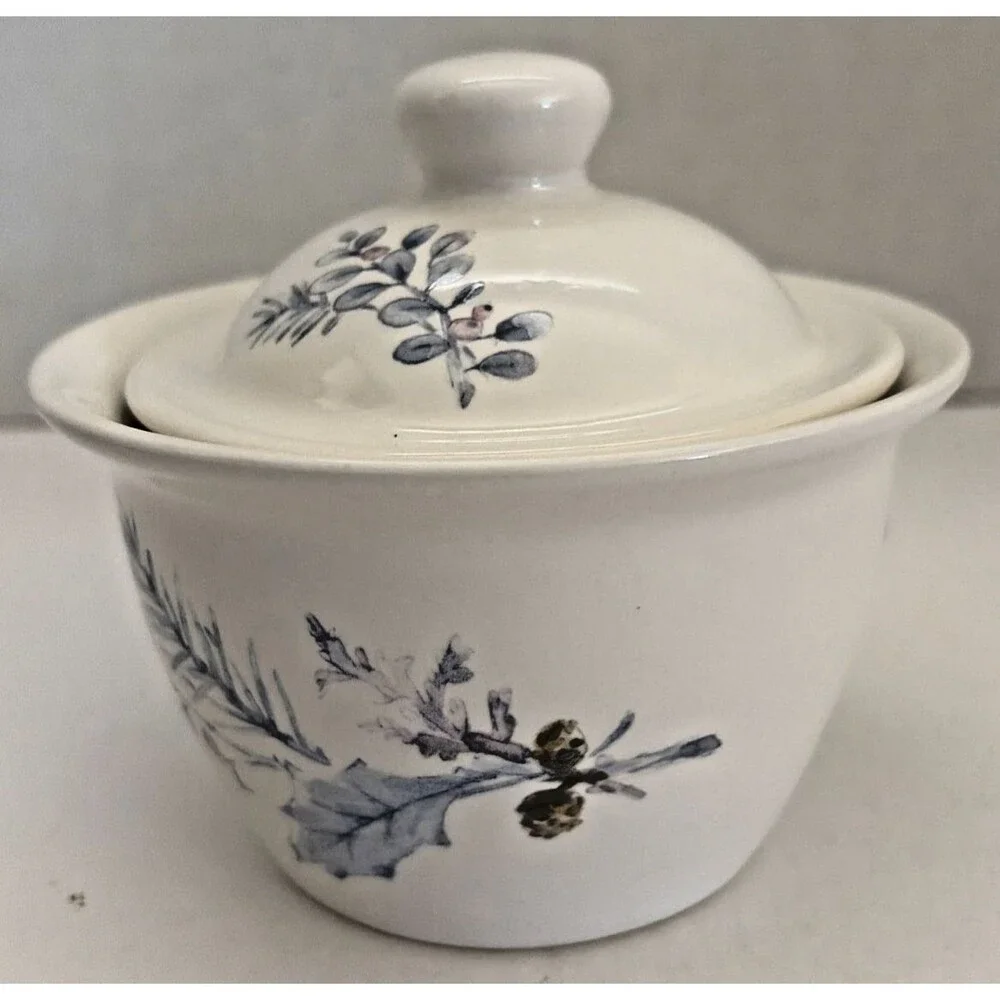 Pfaltzgraff Winter Frost Blue Pinecone Pink Berry Covered Sugar Bowl with Lid
